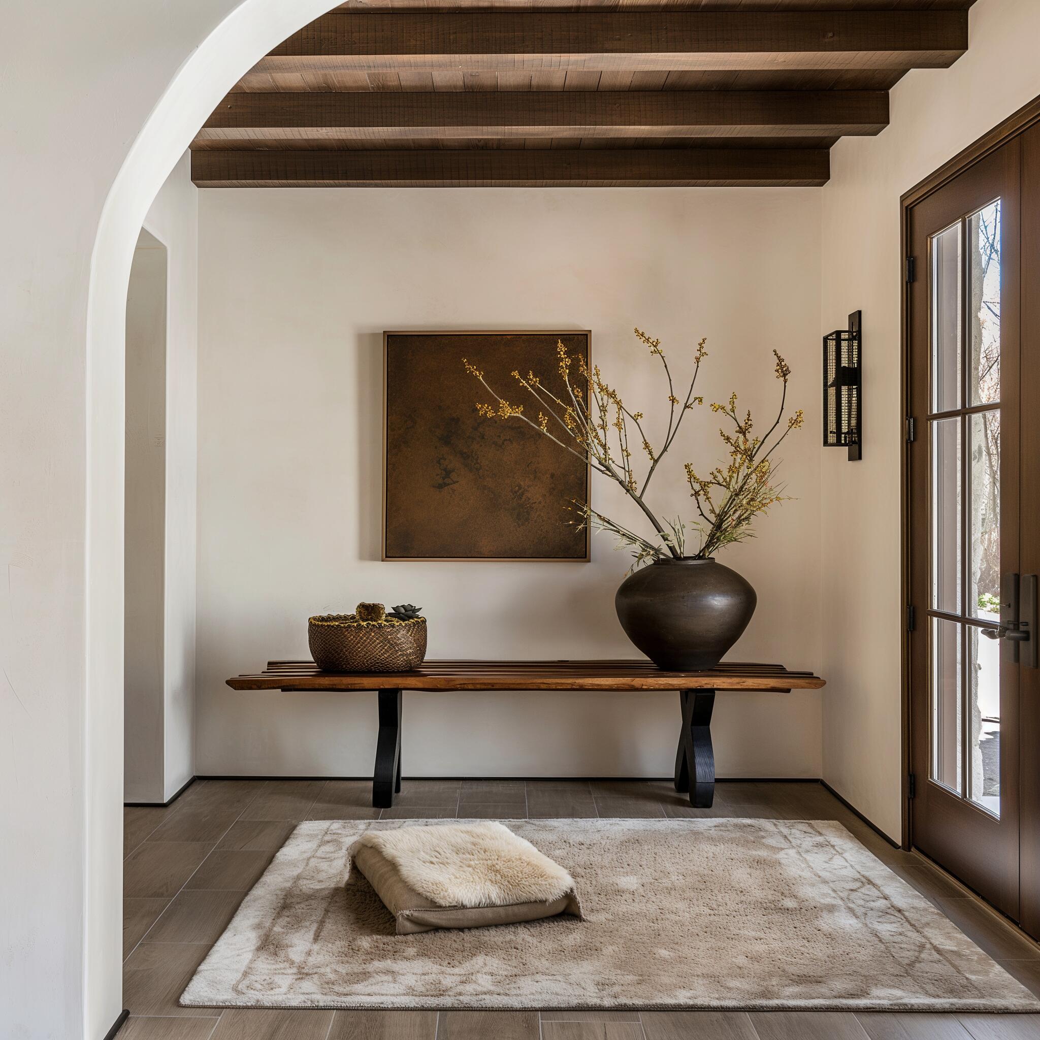 Wabi-sabi style foyer decor with a rustic wooden console bench, vase, and warm earth tones.