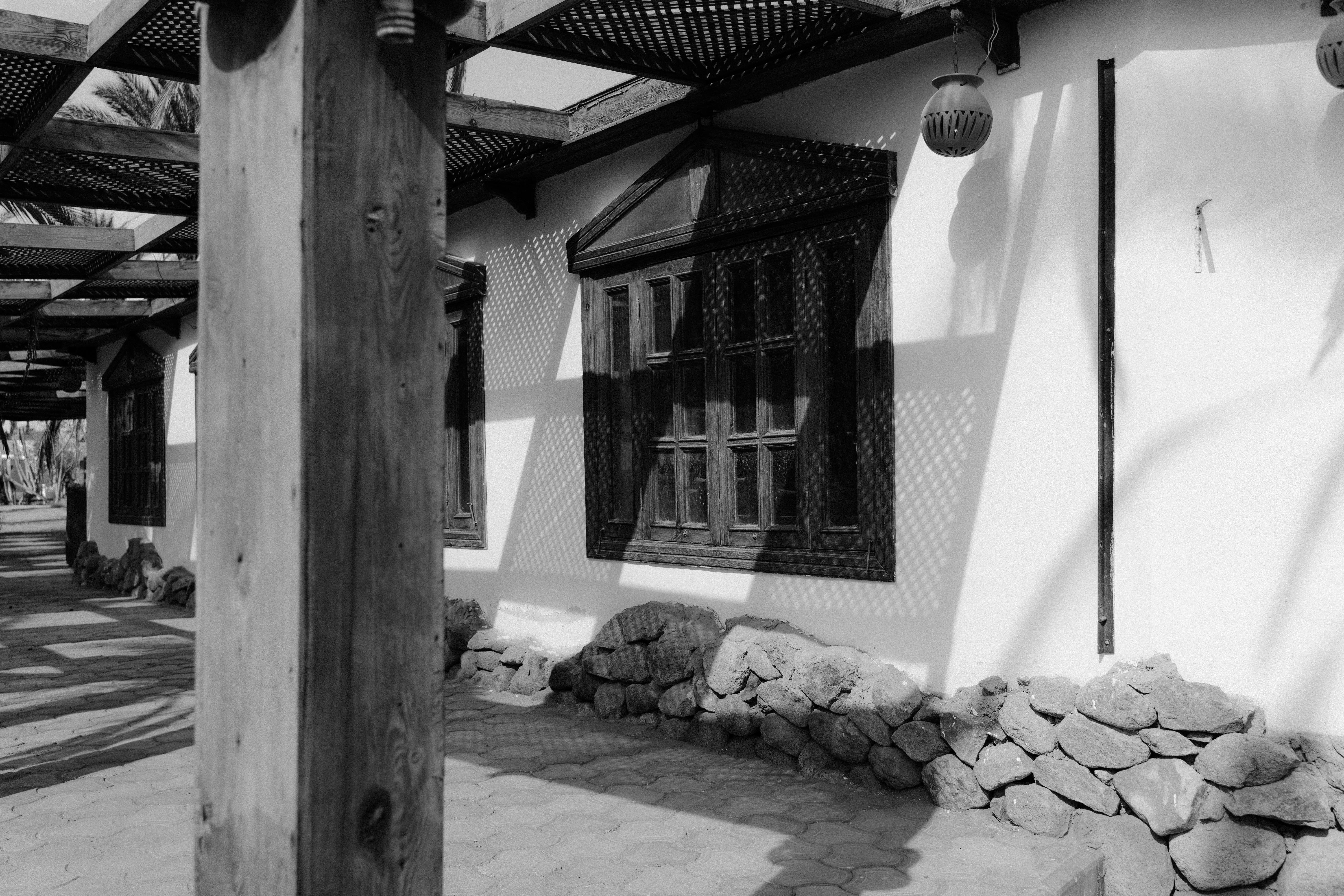 Traditional Korean house with stone wall and wooden beams
